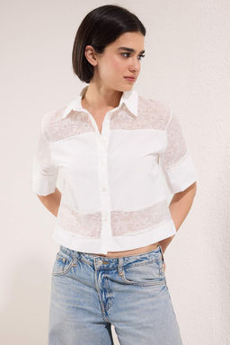 Trendyolmilla Beyaz Transparan detayl? k?sa kol crop Gomlek TWOSS25GO00170  фото 2