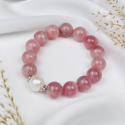 Браслет из мадагаскарского Розового кварца и Жемчуга 18 см