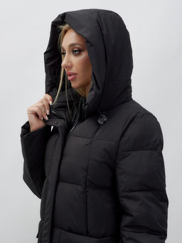 Пальто утепленное стеганное зимнее с капюшоном женское черного цвета 9609Ch - Mtforce фото 8