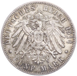 Монета 5 марок 1914 года Е Германия (Саксония)