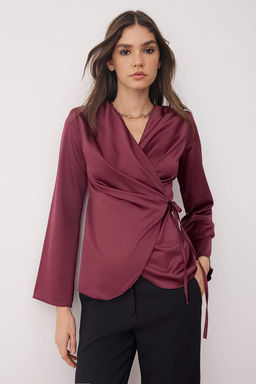 Bordo Saten Kruvaze Dokuma Bluz TWOAW26BZ00052 - Trendyolmilla фото 6