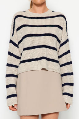 Bej Crop Genis Kal?p Basic Cizgili Triko Kazak TWOAW23KZ00390