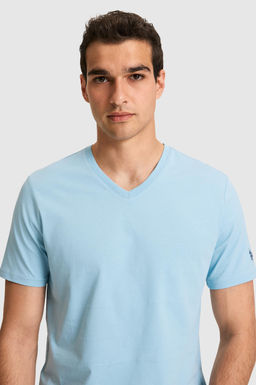 Erkek Regular Fit V Yaka Mavi Basic Ti__rt