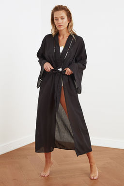 Plaj Giyim Siyah Kusakl? Dokuma Flaml? Pamuk Serit Aksesuarl? Maxi Kimono&Kaftan TBESS21KM0094