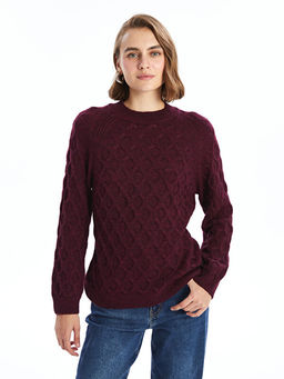 Bisiklet Yaka Kendinden Desenli Uzun Kollu Kad?n Triko Kazak