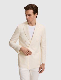 Beyaz Slim Fit Y_n Keten Kar___ml_ Bal_ks_rt_ K_rlang__ Yaka Kruvaze Ceket