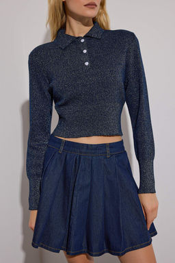 Limited Edition Lacivert Crop Simli Iplik Triko Kazak TWOAW26KZ00243 - Trendyolmilla фото 3