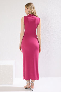 Fusya Duz Buzgulu Maxi S?f?r Kol Drapeli Bodycone/Vucuda Oturan Esnek Orme Elbise TWOSS24EL00101