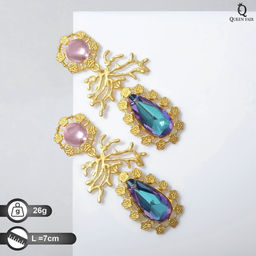 Серьги висячие со стразами Цветение сказочное, цветные в золоте, 7см