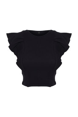 Siyah Kollar? F?rf?rl? Fitilli Esnek Bisiklet Yaka Crop Orme Bluz TWOSS24BZ00370