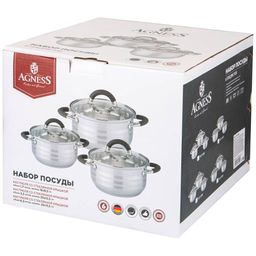 НАБОР КАСТРЮЛЬ AGNESS СО СТЕКЛ.КРЫШКАМИ 6ПР.1,7/3,5/5,5 Л. РАЗМЕР 16X9,5/20X12.5/ 24X13.5 СМ  фото 2