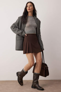 Koyu Kahverengi Pile Detayl? Mini Y?rtmacl? Mini Boy Dokuma Etek TWOAW26ET00000