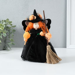 Интерьерная кукла текстильная Ведьмочка в чёрном платье с метлой, 7?11.5?22 см