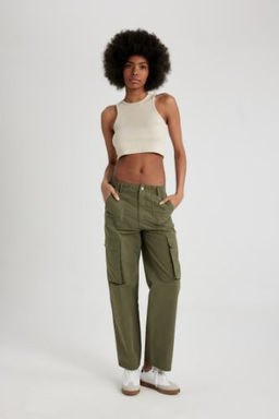 Gabardin Pantolon Straight Fit Standart Boy Yuksek Bel Kargo Cepli