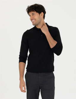 Siyah Regular Fit Polo Yaka Y_n Kar___ml_ Basic Triko Kazak
