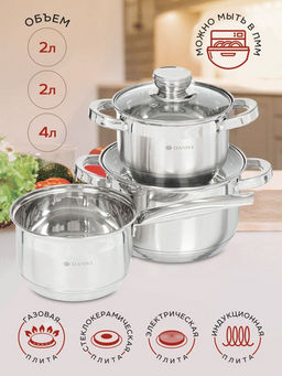 Набор пос нерж 5пр СТАНДАРТ (2л, 4л, ковш 2л, 2 стекл. крышки) мет/ручки Daniks SD-5-2 (298433)