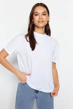 Pembe-Beyaz 2li Paket %100 Pamuk Basic Dik Yaka Orme T-Shirt TWOSS20TS1500