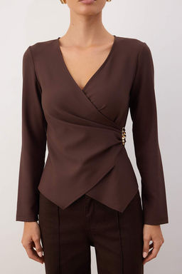 Kahverengi Kruvaze Toka Detayl? Dokuma Bluz TWOAW26BZ00142