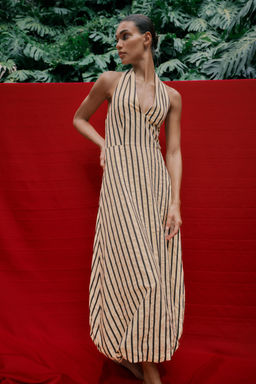 VESTIDO MIDI GLOBO RAYAS / Crudo / Negro