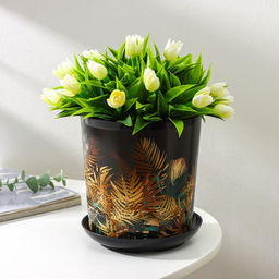 Горшок для цветов с поддоном Доляна «Голди. Листья», 1,6 л, d=14 см, h=15,5 см, пластиковый, цвет чёрный