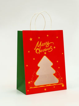 Пакет подарочный бумажный с окном «Ёлка» 26×35×16 см, крафт красный