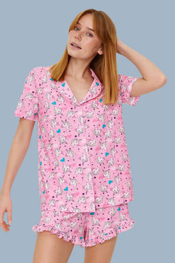 Pembe %100 Pamuklu Eglenceli Desenli F?rf?rl? Sortlu Orme Pijama Tak?m? THMSS22PT0483