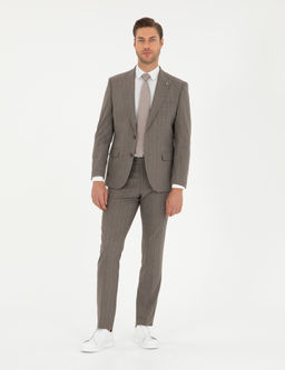 A__k Kahverengi Slim Fit _izgili Tak_m Elbise