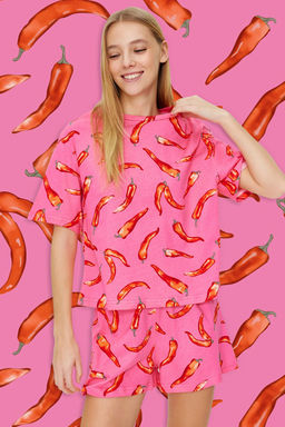 Pembe %100 Pamuklu Eglence Desenli Sortlu Orme Pijama Tak?m? THMSS24PT00002