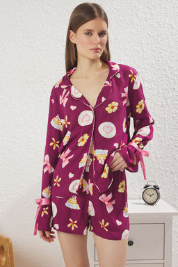 Trendyolmilla Ekru Baglamal?/Kurdele/Fiyonklu ve Biyeli Viskon Sortlu Dokuma Pijama Tak?m? THMSS24PT00047  фото 23