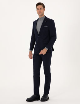 Lacivert Extra Slim Fit Y_n Kar___ml_ _izgili Tak_m Elbise