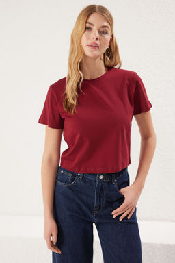 Bordo-Ac?k Sar? 2li Paket %100 Pamuk Crop Bisiklet Yaka Orme T-Shirt TWOSS20TS1480