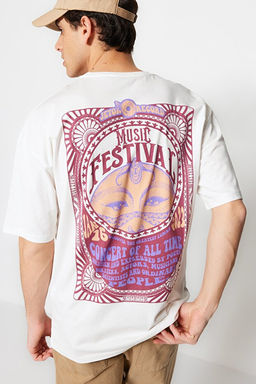 Ekru Unisex Oversize/Geni_ Kesim Etnik S_rt Bask_l_ %100 Pamuklu T-shirt TMNSS23TS00212