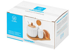 Набор - сахарница 350 мл Ампир с ложкой + солонка + перечница + салфетница на дер. подст. с ручкой - Elan gallery фото 12