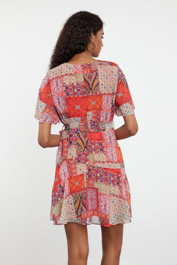 Cok Renkli A Kesim Puskul Detayl? Sifon Astarl? Mini Dokuma Elbise TWOSS24EL00808