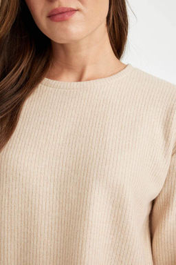 Женский простой свитшот свободного покроя с круглым вырезом в рубчик на бретельках с боковыми разрезами - Defacto фото 5