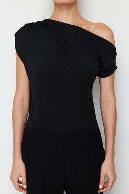 Siyah Regular/Normal Kal?p Asimetrik Yaka S?f?r Kol C?tc?tl? Esnek Orme Bluz TWOSS24BZ00396