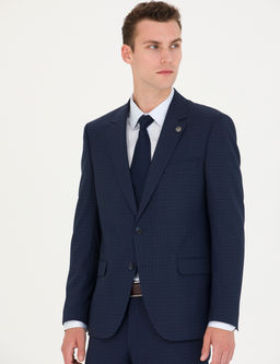 Kareli Lacivert Slim Fit Tak_m Elbise