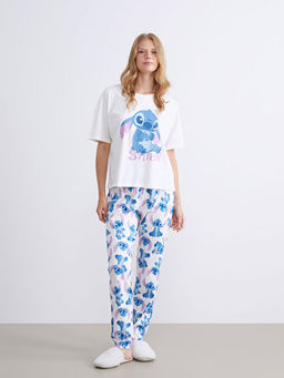 Bisiklet Yaka Stitch Bask?l? Kad?n Pijama Tak?m?