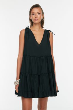 TRENDYOLMILLA Sar? Genis Kal?p Dokuma %100 Pamuk F?rf?rl? Mini Plaj Elbisesi TBESS21EL1247  фото 15