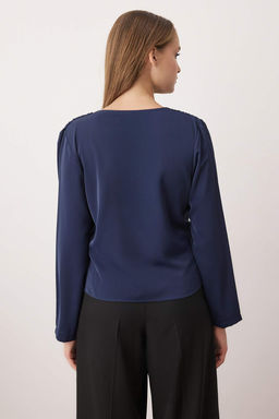 Lacivert Kruvaze Saten Dokuma Bluz TWOAW24BZ00423