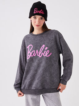 Bisiklet Yaka Barbie Bask?l? Uzun Kollu Oversize Kad?n Sweatshirt