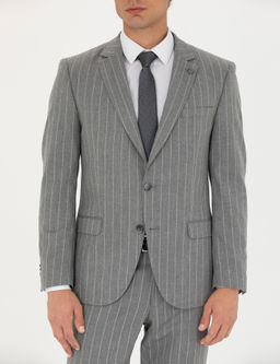 Gri Ex. Slim Fit _izgili Tak_m Elbise