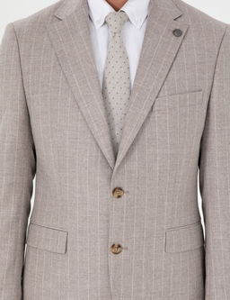 Bej Slim Fit _izgili Y_n Ka_mir Kar___ml_ Tak_m Elbise