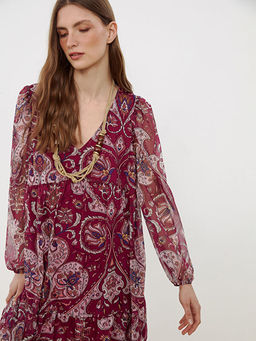 V Yaka Desenli Mini Elbise