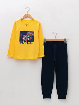 Bisiklet Yaka Dinazor Bask?l? Uzun Kollu Pamuklu Erkek ?ocuk Pijama Tak?m?