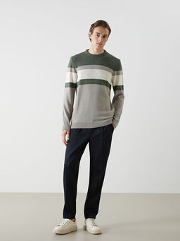 Bisiklet Yaka Uzun Kollu Renk Bloklu Erkek Triko Kazak