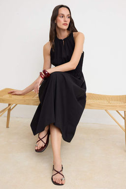 Siyah Beli Lastikli Midi Dokuma Elbise TWOSS26EL00887 - Trendyolmilla фото 2