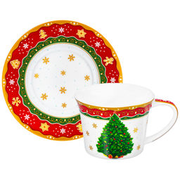 Чайная пара 2 пр. 250 мл 12,5*9,5*7 см "Новогодняя ёлка" красный узор NEW BONE CHINA