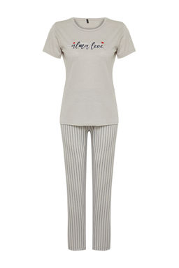 Trendyolmilla Mint Slogan Bask?l? Cizgili Orme Pijama Tak?m? THMSS24PT00251  фото 14