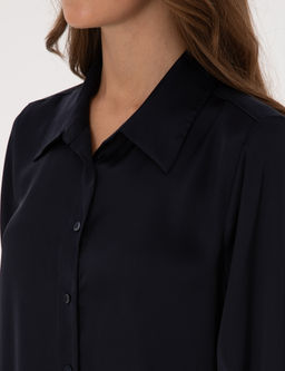 Lacivert Comfort Fit Uzun Kollu Saten G_mlek